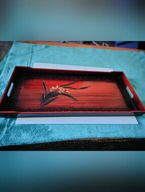 Vintage Toyo Japan Red & Black Lacquer Tray Hand Painted Orchid Floral Handles
